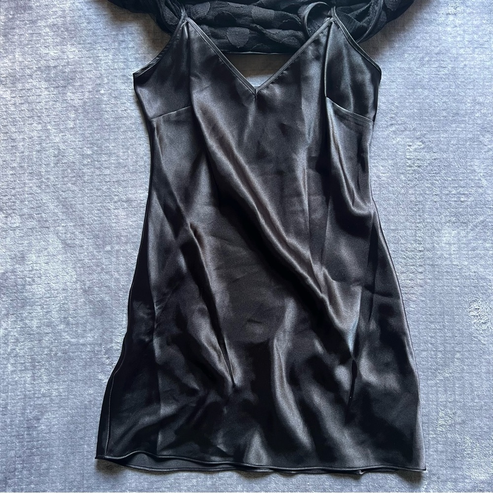 Laundry by Shelli Segal Black Mini Dress Sz 4 Satin Slip Dress Mesh Overlay Chic - Picture 10 of 12